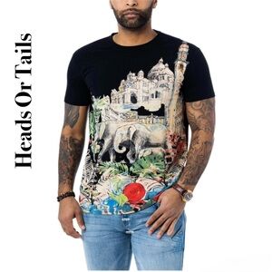 Heads or Tails Men’s Rhinestone Studded Elephant Graphic T-Shirt Sz Small
